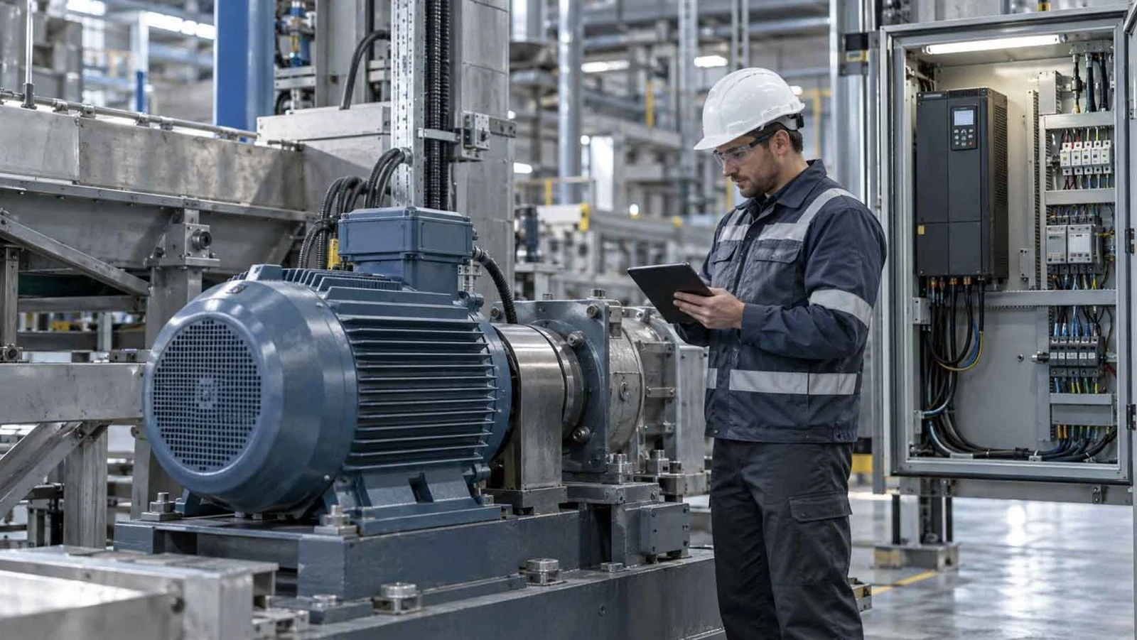 Industrial engineer inspecting an electric motor and control cabinet in a manufacturing plant Industrial engineer inspecting an electric motor and control cabinet in a manufacturing plant